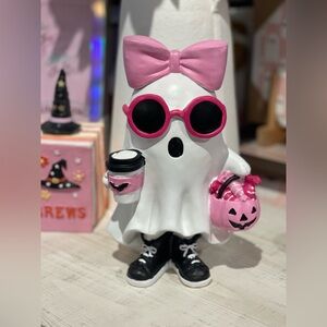 NEW Ghost Girl With Pink Bow & Hot Drink / PSL Viral Halloween Tabletop Decor